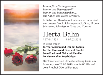 Traueranzeige von Herta Bahn von Mitteldeutsche Zeitung Bernburg