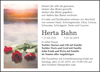 Traueranzeige von Herta Bahn von Super Sonntag Bernburg