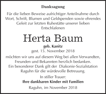 Traueranzeige von Herta Baum von WVG - Wochenspiegel Bitterfeld