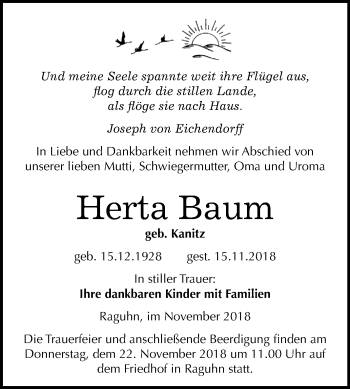 Traueranzeige von Herta Baum von Mitteldeutsche Zeitung Bitterfeld