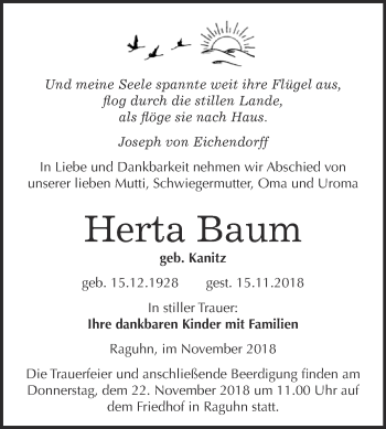 Traueranzeige von Herta Baum von WVG - Wochenspiegel Bitterfeld