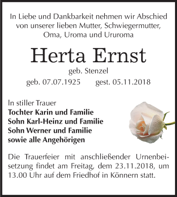 Traueranzeige von Herta Ernst von Mitteldeutsche Zeitung Bernburg