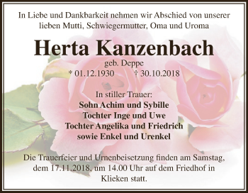 Traueranzeige von Herta Kanzenbach von WVG - Wochenspiegel Dessau / Köthen