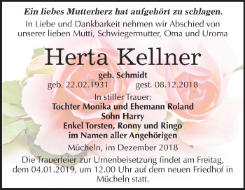 Traueranzeige von Herta Kellner von Mitteldeutsche Zeitung Merseburg/Querfurt