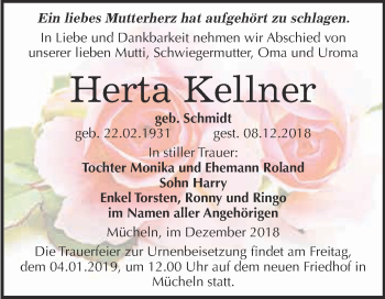 Traueranzeige von Herta Kellner von WVG - Wochenspiegel Merseburg