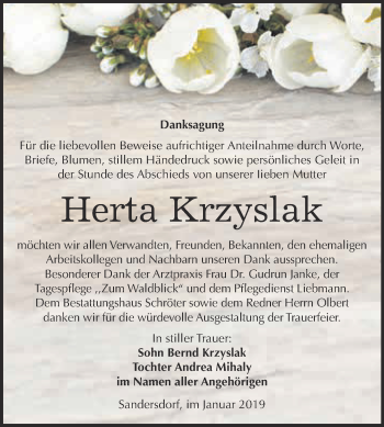 Traueranzeige von Herta Krzyslak von WVG - Wochenspiegel Bitterfeld