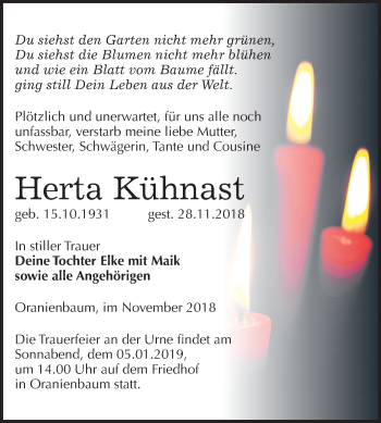 Traueranzeige von Herta Kühnast von Mitteldeutsche Zeitung Wittenberg