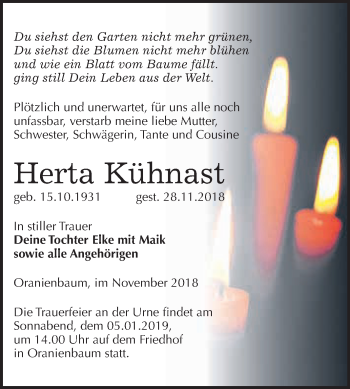 Traueranzeige von Herta Kühnast von WVG - Wochenspiegel Wittenberg