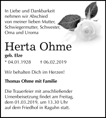 Traueranzeige von Herta Ohme von Mitteldeutsche Zeitung Bitterfeld