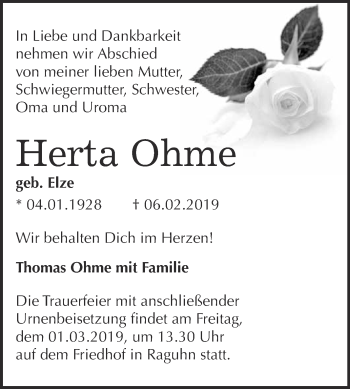 Traueranzeige von Herta Ohme von WVG - Wochenspiegel Bitterfeld