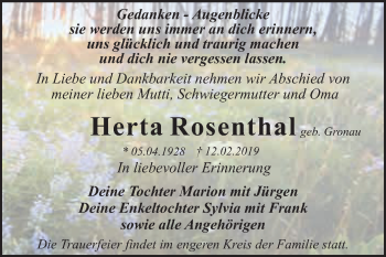 Traueranzeige von Herta Rosenthal von WVG - Wochenspiegel Dessau / Köthen