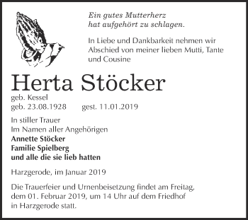 Traueranzeige von Herta Stöcker von Super Sonntag Quedlinburg