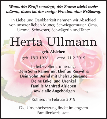 Traueranzeige von Herta Ullmann von Mitteldeutsche Zeitung Köthen