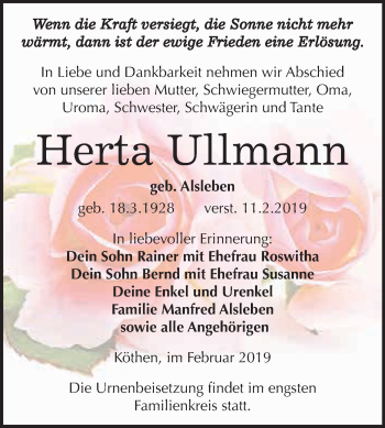 Traueranzeige von Herta Ullmann von WVG - Wochenspiegel Dessau / Köthen