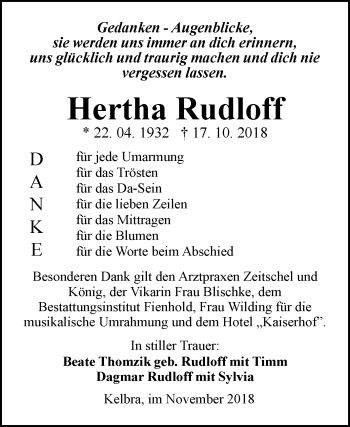 Traueranzeige von Hertha Rudloff von Super Sonntag SGH Mansf. Land