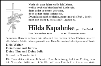 Traueranzeige von Hilda Kapahnke von Mitteldeutsche Zeitung Quedlinburg
