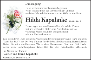Traueranzeige von Hilda Kapahnke von Mitteldeutsche Zeitung Quedlinburg