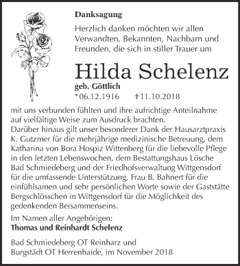 Traueranzeige von Hilda Schelenz von WVG - Wochenspiegel Wittenberg