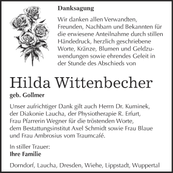 Traueranzeige von Hilda Wittenbecher von WVG - Wochenspiegel NMB / WSF / ZTZ