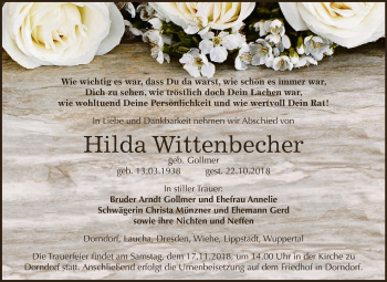 Traueranzeige von Hilda Wittenbecher von WVG - Wochenspiegel NMB / WSF / ZTZ