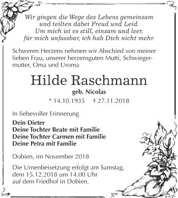 Traueranzeige von Hilde Raschmann von WVG - Wochenspiegel Wittenberg