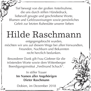 Traueranzeige von Hilde Raschmann von WVG - Wochenspiegel Wittenberg
