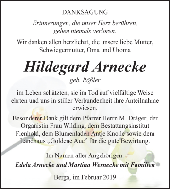 Traueranzeige von Hildegard Arnecke von Mitteldeutsche Zeitung Sangerhausen