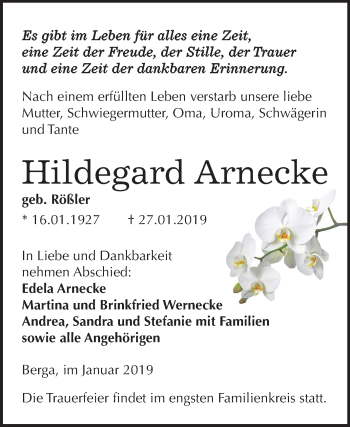 Traueranzeige von Hildegard Arnecke von Mitteldeutsche Zeitung Sangerhausen