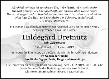 Traueranzeige von Hildegard Bretnütz von Mitteldeutsche Zeitung