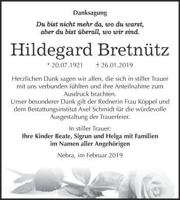 Traueranzeige von Hildegard Bretnütz von WVG - Wochenspiegel NMB / WSF / ZTZ