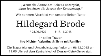 Traueranzeige von Hildegard Brode von Mitteldeutsche Zeitung Dessau-Roßlau