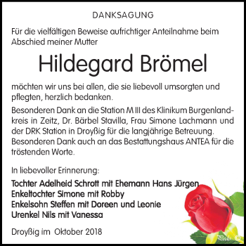 Traueranzeige von Hildegard Brömel von Mitteldeutsche Zeitung Zeitz