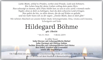 Traueranzeige von Hildegard Böhme von Super Sonntag Bernburg