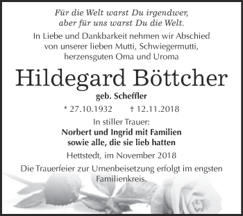 Traueranzeige von Hildegard Böttcher von Wochenspiegel Mansfelder Land