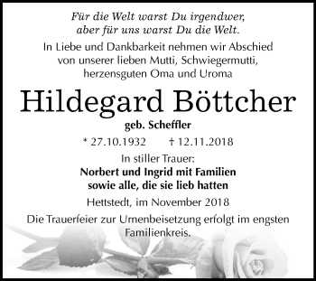 Traueranzeige von Hildegard Böttcher von Mitteldeutsche Zeitung Aschersleben