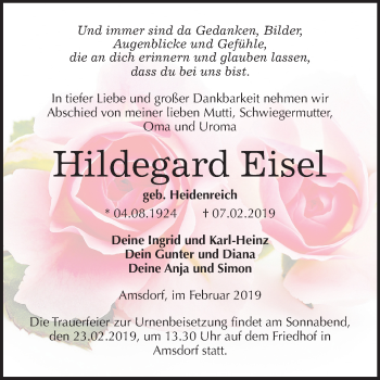 Traueranzeige von Hildegard Eisel von Mitteldeutsche Zeitung