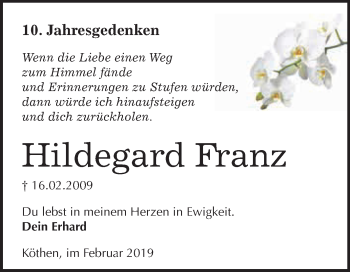 Traueranzeige von Hildegard Franz von WVG - Wochenspiegel Dessau / Köthen