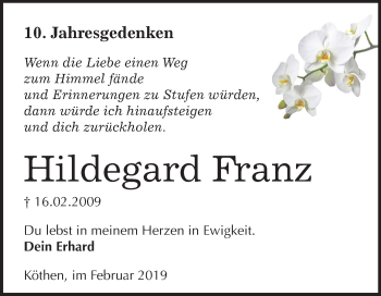 Traueranzeige von Hildegard Franz von Mitteldeutsche Zeitung