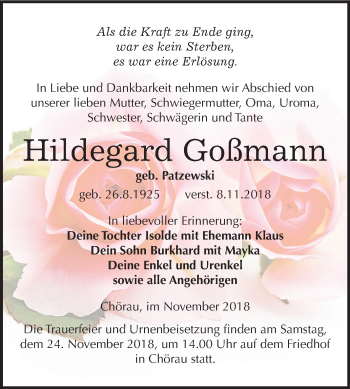 Traueranzeige von Hildegard Goßmann von Mitteldeutsche Zeitung Köthen