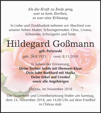 Traueranzeige von Hildegard Goßmann von WVG - Wochenspiegel Dessau / Köthen