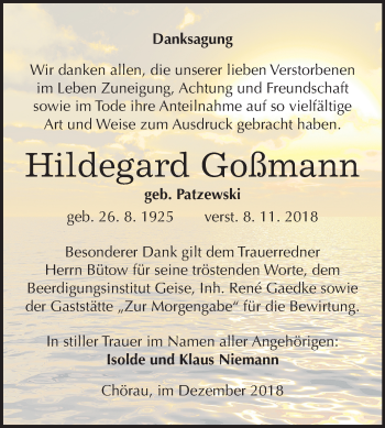 Traueranzeige von Hildegard Goßmann von Mitteldeutsche Zeitung Köthen