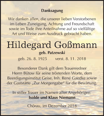 Traueranzeige von Hildegard Goßmann von WVG - Wochenspiegel Dessau / Köthen