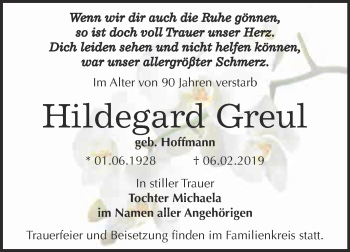 Traueranzeige von Hildegard Greul von Super Sonntag Bernburg