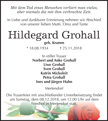 Traueranzeige von Hildegard Grohall von Mitteldeutsche Zeitung Naumburg/Nebra