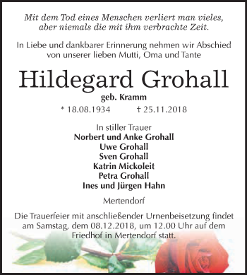 Traueranzeige von Hildegard Grohall von WVG - Wochenspiegel NMB / WSF / ZTZ