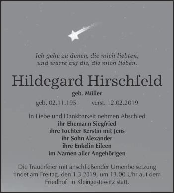 Traueranzeige von Hildegard Hirschfeld von WVG - Wochenspiegel NMB / WSF / ZTZ