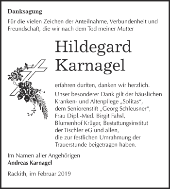 Traueranzeige von Hildegard Karnagel von WVG - Wochenspiegel Wittenberg