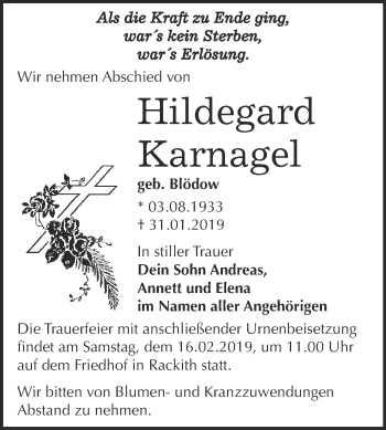 Traueranzeige von Hildegard Karnagel von WVG - Wochenspiegel Wittenberg