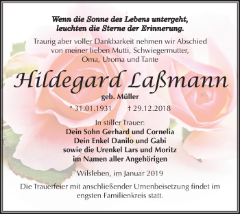 Traueranzeige von Hildegard Laßmann von Mitteldeutsche Zeitung Aschersleben