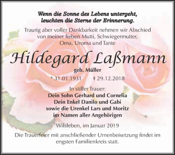 Traueranzeige von Hildegard Laßmann von Super Sonntag Aschersleben